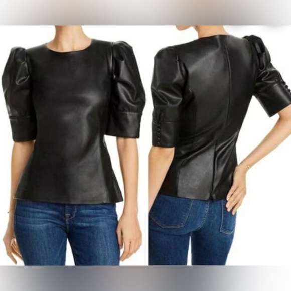 AQUA faux leather top black short sleeve Size Small - Picture 12 of 12